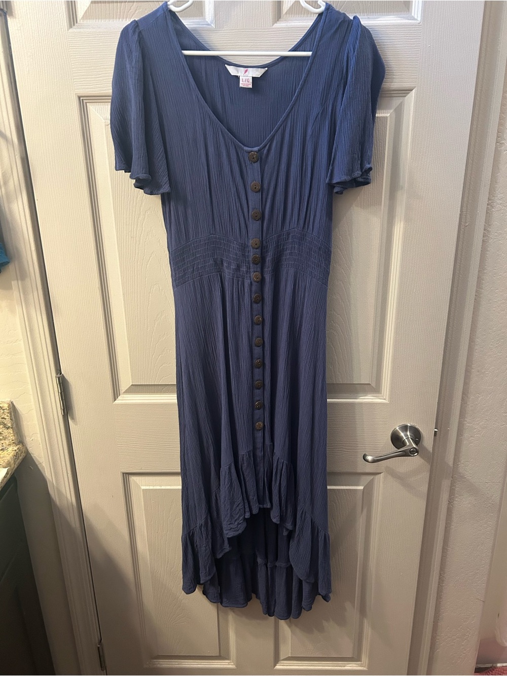 Blue Button-Front High Low Midi Dress